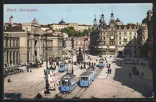 AK Zürich, Strassenbahnen auf dem Bahnhofplatz