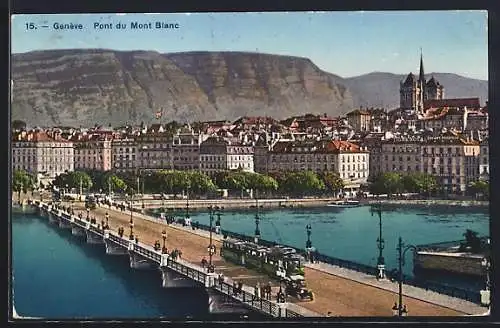 AK Geneve, Pont du Mont Blanc, Strassenbahn