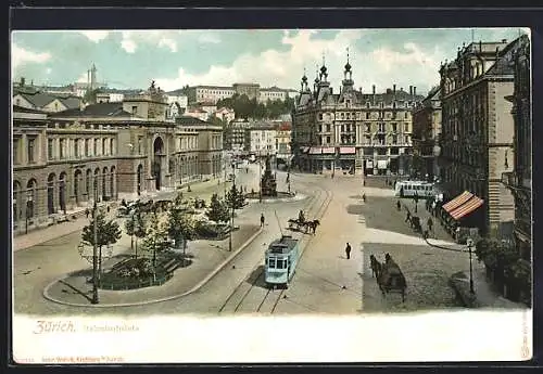 AK Zürich, Bahnhof mit Blick auf den Bahnhofplatz, Strassenbahn