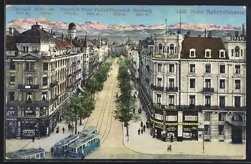 AK Zürich, Strassenbahnen in der Bahnhofstrasse mit Terminus Hotel und Drusberg