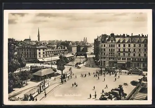 AK Zürich, Bahnhofbrücke mit Strassenbahn