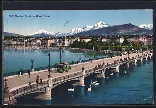 AK Geneve, Pont du Mont-Blanc, Strassenbahn