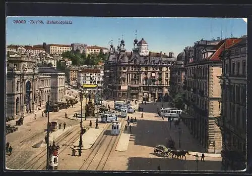 AK Zürich, Bahnhofplatz mit Strassenbahnen