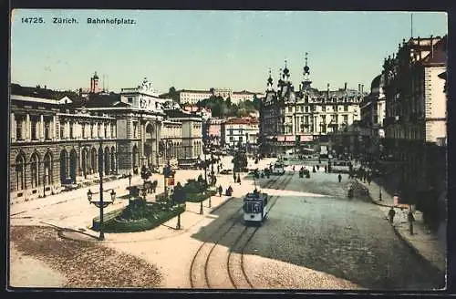 AK Zürich, Strassenbahnen auf dem Bahnhofplatz, Pferdegespann