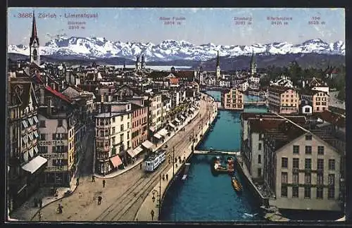 AK Zürich, Limmatquai mit Strassenbahn, Alpen-Panorama