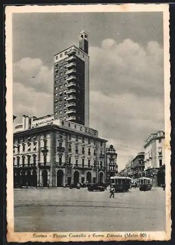 AK Torino, Piazza Castello e Torre Littoria, Strassenbahn