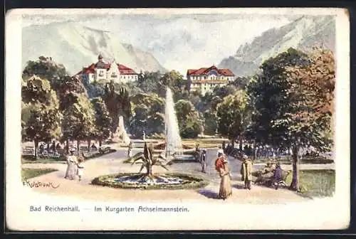Künstler-AK Bad Reichenhall, Im Kurgarten Achselmannstein
