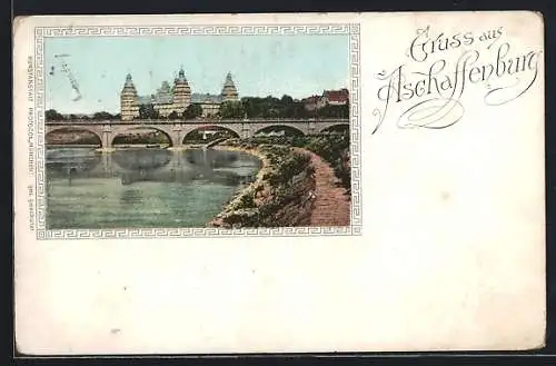 AK Aschaffenburg, Partie am Flussufer mit Brücke