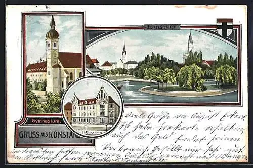 AK Konstanz, Gymnasium, St. Konradihaus, Blick auf Kirchen, Wappen