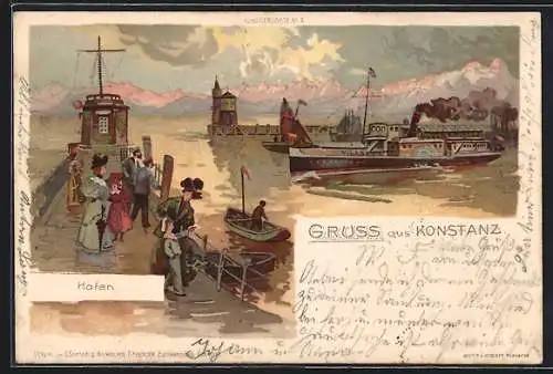 Lithographie Konstanz, Landungsbrücke am Hafen mit Dampfer