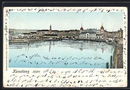 Goldfenster-AK Konstanz, Hafen mit leuchtenden Fenstern