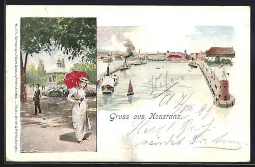 Lithographie Konstanz, Blick auf den Hafen, Spaziergängerin in der Allee