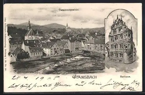 Künstler-AK Carl Münch: Gernsbach i. Murgthal, Rathaus, Teilansicht mit Fluss