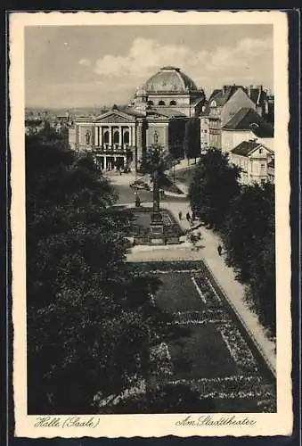 AK Halle /Saale, Stadttheater mit Anlagen aus der Vogelschau