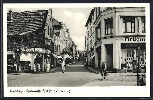 AK Rendsburg, Hohestrasse mit Geschäften