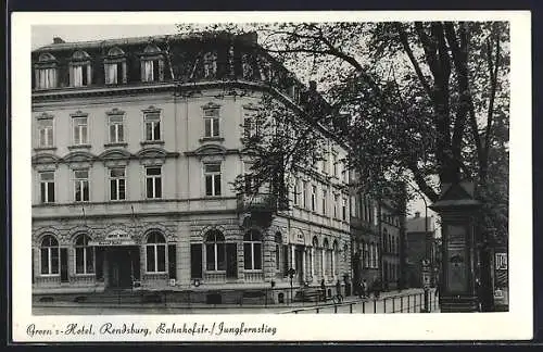 AK Rendsburg, Green`s Hotel Ecke Bahnhofstrasse und Jungfernstieg