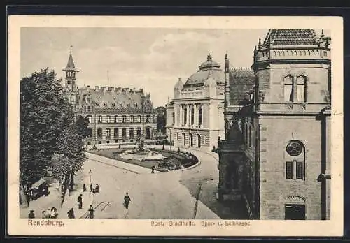 AK Rendsburg, Post mit Stadthalle und Spar- und Leihkasse an der Jungfernstiegstrasse