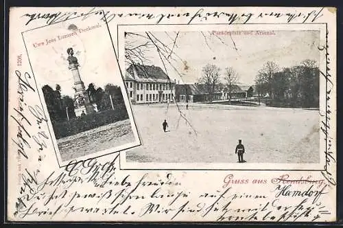 AK Rendsburg, Paradeplatz und Arsenal, Uwe Jens Lornsen-Denkmal