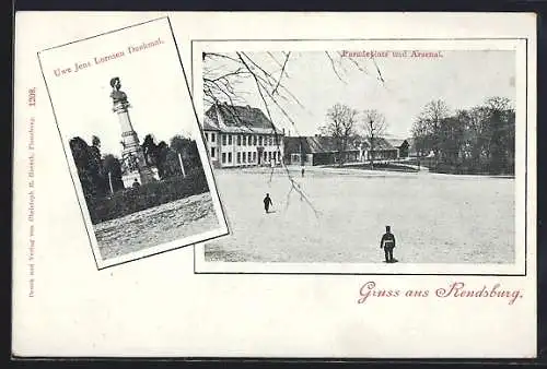 AK Rendsburg, Paradeplatz und Arsenal, Uwe Jens Lornsen-Denkmal