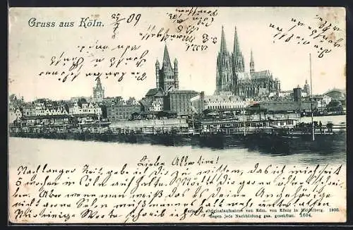 AK Köln, Uferpartie mit Dom