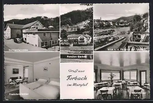 AK Forbach im Murgtal, Pension Gerbes, Innenansichten Fremdenzimmer und Speisesaal