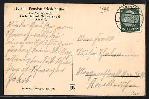 AK Forbach /Bad. Schwarzwald, Hotel und Pension Friedrichshof W. Wunsch