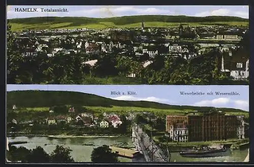 AK Hameln, Panorama mit Klüt-Blick, Weserbrücke u. Wesermühle, Totalansicht