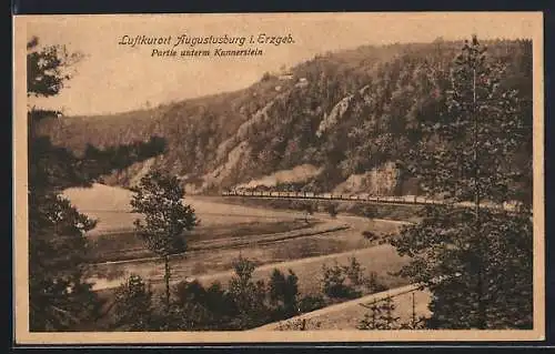 AK Augustusburg /Erzgeb., Partie unterm Kunnerstein, mit Eisenbahn