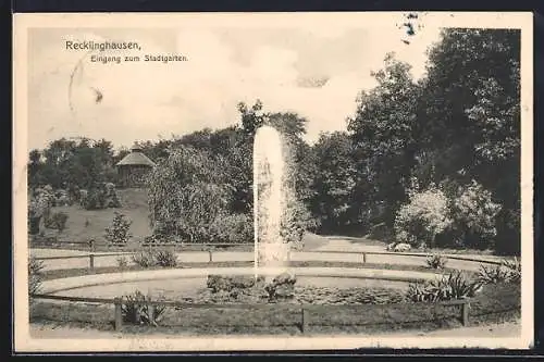 AK Recklinghausen, Eingang zum Stadtgarten, mit Springbrunnen