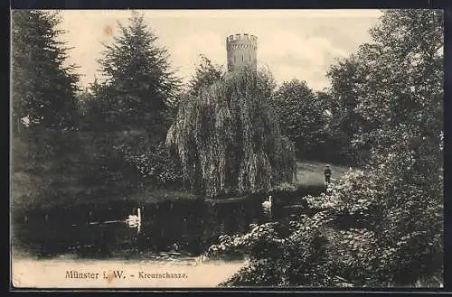 AK Münster i. W., Kreuzschanzen-Partie mit Turm