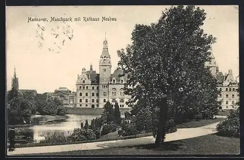 AK Hannover, Maschpark mit Rathaus Neubau