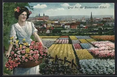 AK Erfurt, Gruss aus der Blumenstadt, Ortspartie mit Blumenfeldern und einem Blumenmädchen