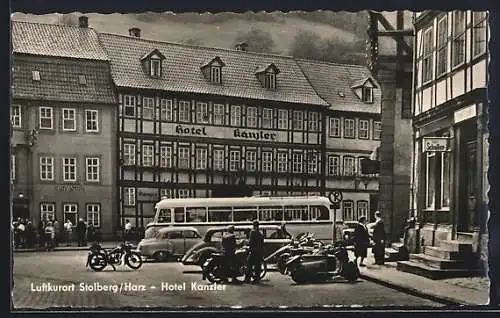 AK Stolberg /Harz, Hotel Kanzler mit Reisebus u. Motorrädern