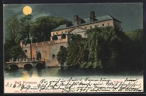 AK Bad Pyrmont, Schloss bei Vollmond, vom Wasser gesehen