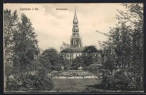 AK Zwickau i. Sa., Albertplatz mit Turmgebäude