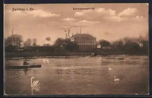 AK Zwickau i. Sa., Schwanenschloss mit Bootspartie