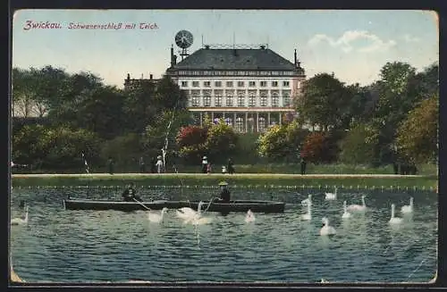 AK Zwickau, Schwanenschloss mit Teich, Bootspartie