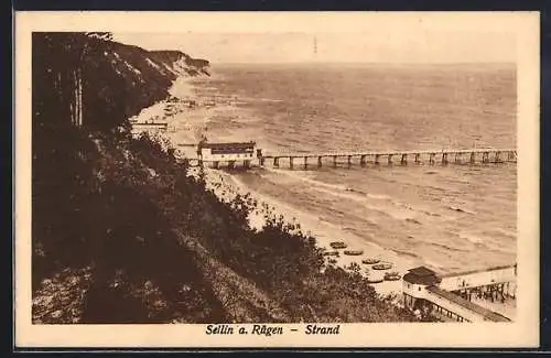 AK Sellin a. Rügen, Strand und Seebrücke