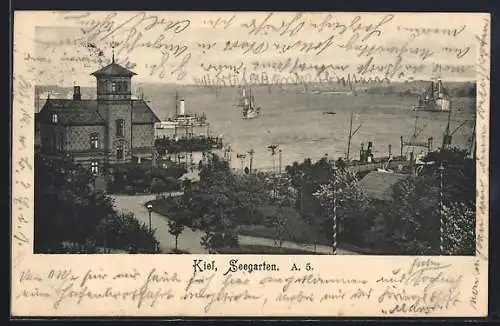 AK Kiel, Gasthaus Seegarten und Blick aufs Meer