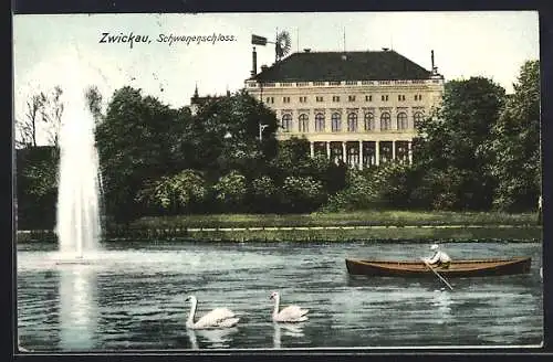 AK Zwickau, Schwanenschloss mit Teich