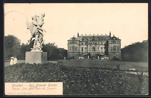 AK Dresden, Kgl. Grosser Garten mit Statue