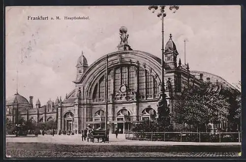 AK Frankfurt a. M., Kutsche vor dem Hauptbahnhof