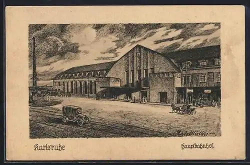 Künstler-AK Karlsruhe, Der Hauptbahnhof