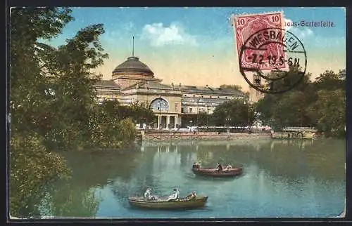 AK Wiesbaden, Kurhaus-Gartenseite mit Teich