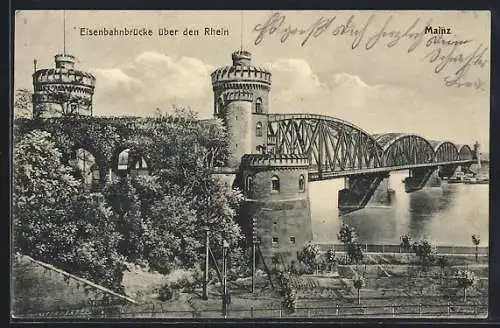 AK Mainz, Eisenbahnbrücke über den Rhein