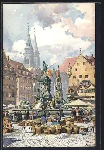 AK Nürnberg, Neptunbrunnen mit Marktplatz