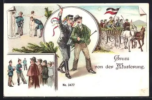 Lithographie Gruss von der Musterung, Soldaten verabschieden sich von zu Hause, Soldaten werden eingekleidet