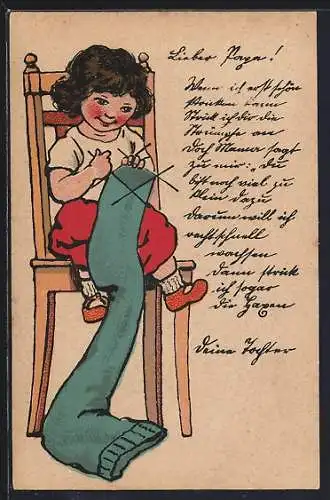 AK Mädchen strickt einen Schal, Kriegshilfe