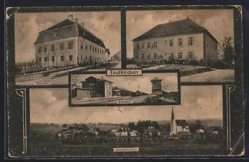 AK Taufkirchen, Hotel Maierhof, Bahnhof, Volksschule