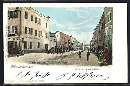 AK Mauerkirchen, Unterer Marktplatz mit Leuten